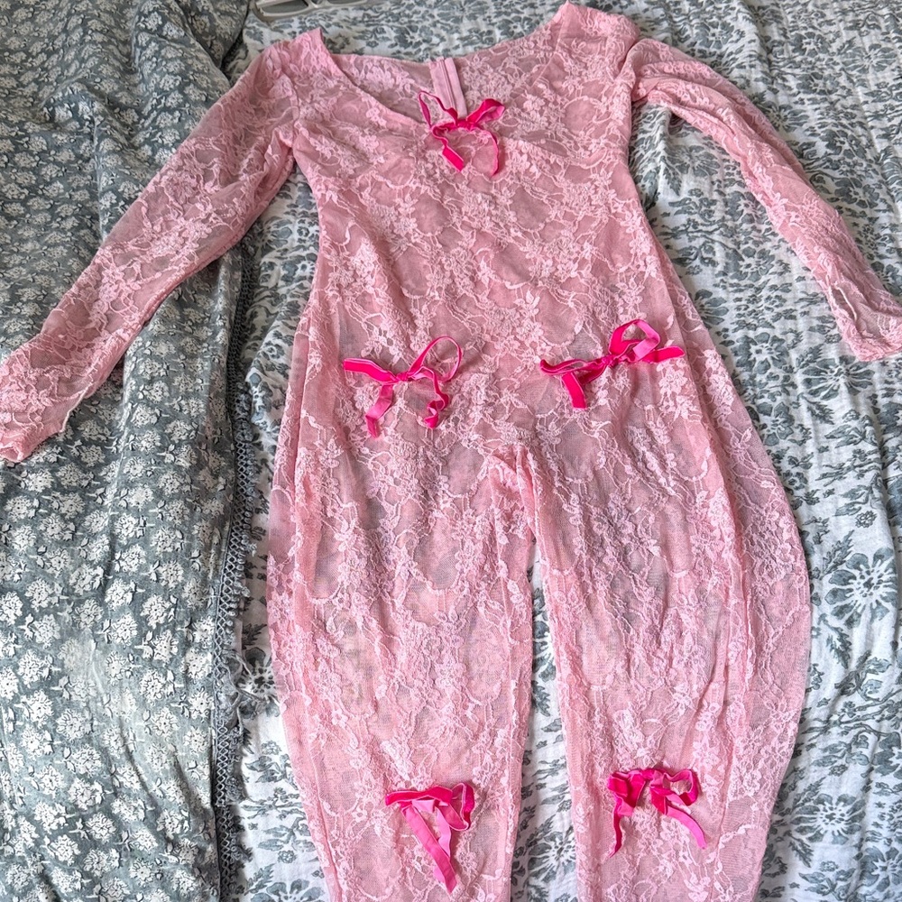 Elegant Pink Lace Jumpsuit with Bow Accents